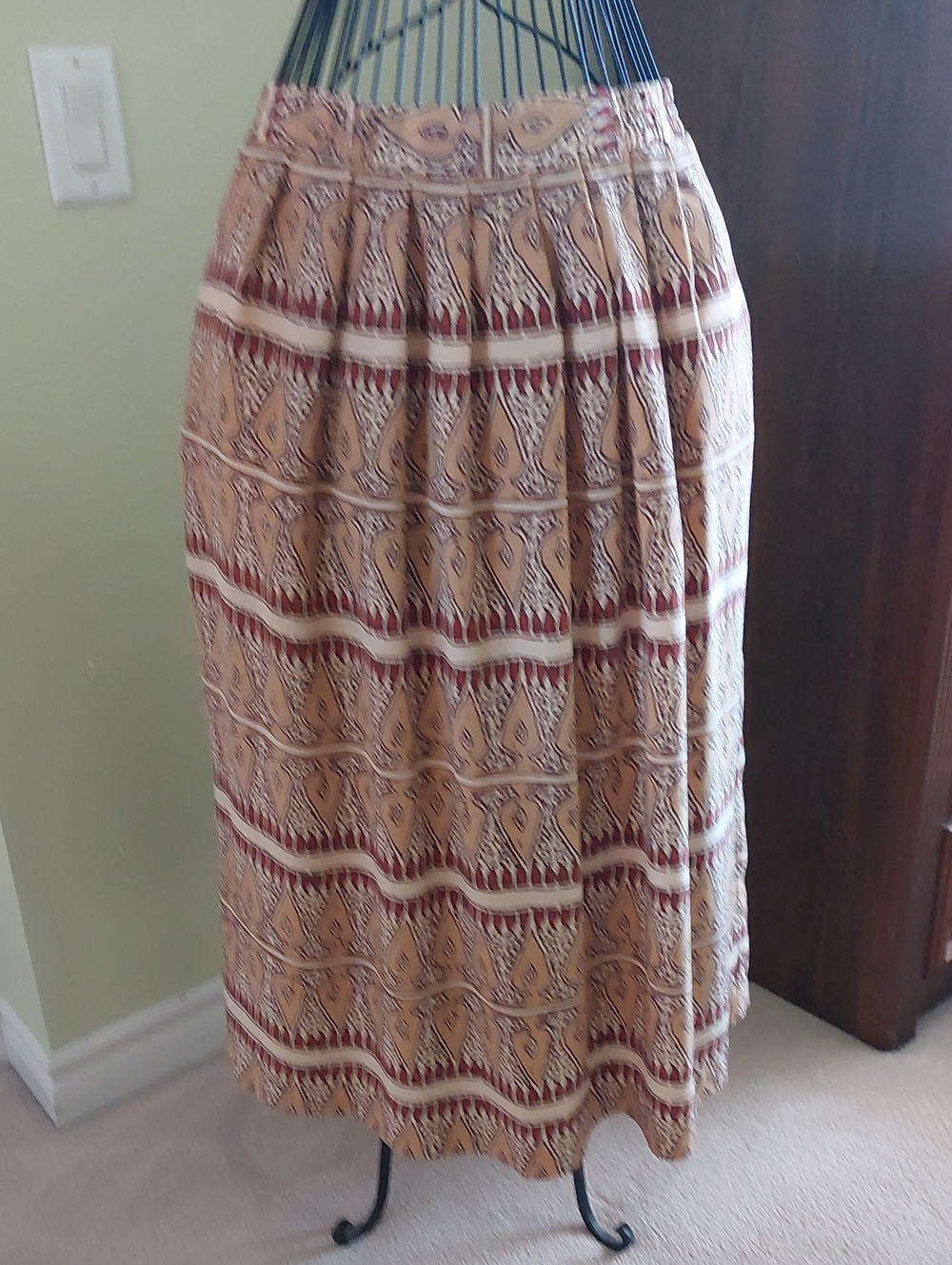 Boho Maxi Skirt in Tan with Burgundy Accents
